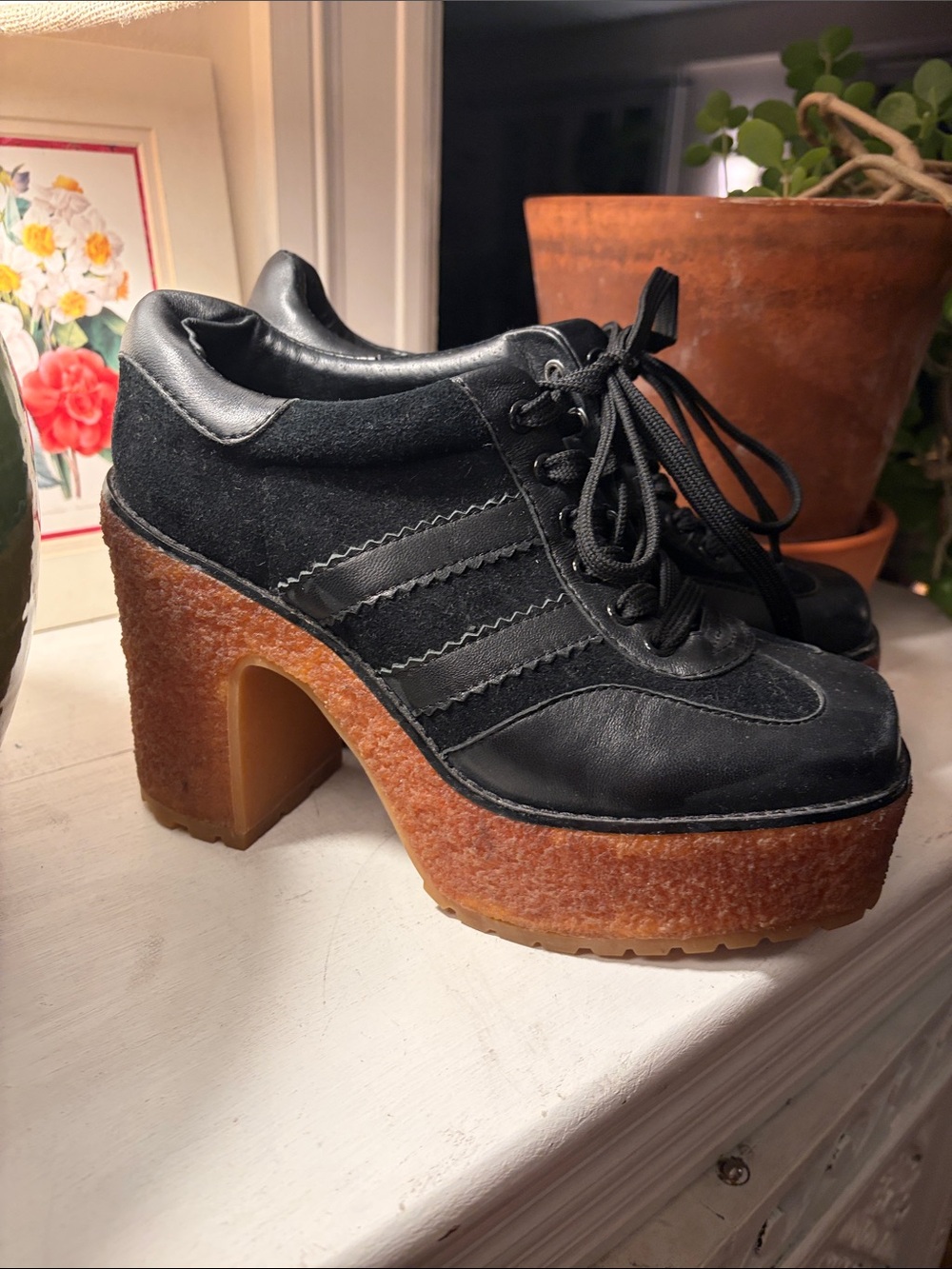Celine Black Platform Lace-Up Sneaker Heels with Brown Crepe Sole